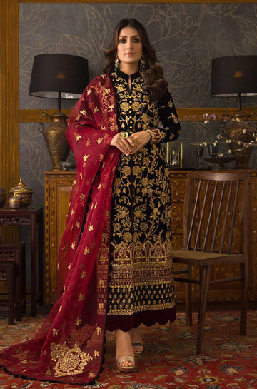 Zab299 3PC Velvet Heavy Embroidered Shirt With Organza Heavy Embroidered Dupatta